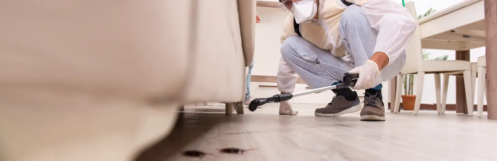 pest control technician inspecting kitchen